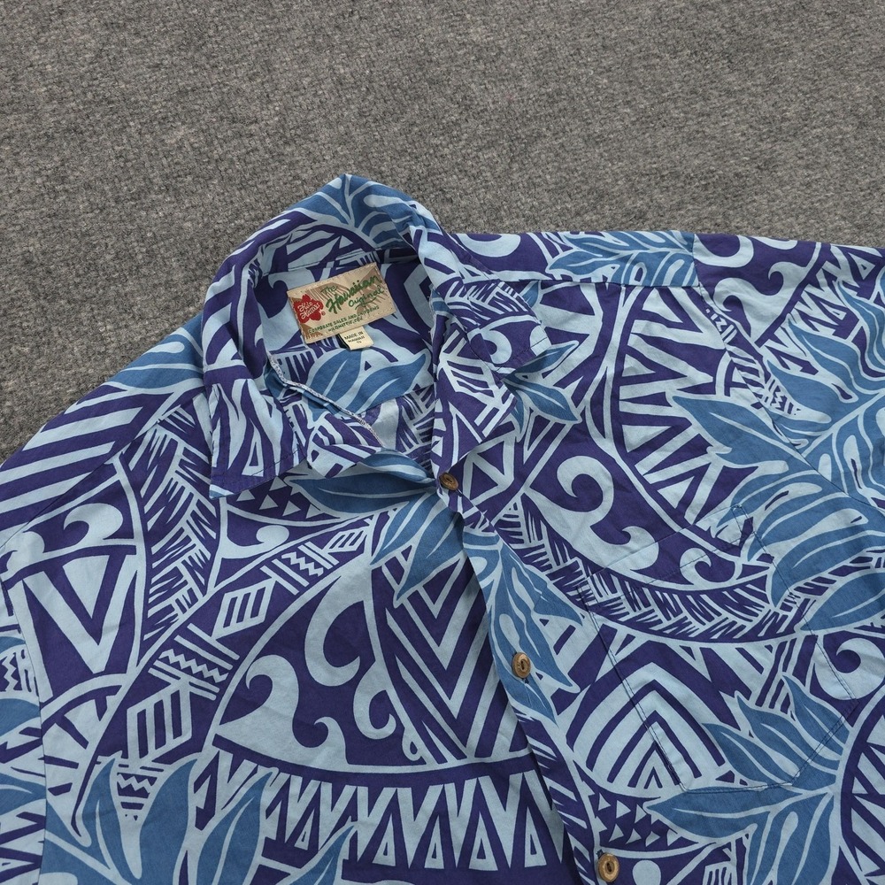 Hilo Hattie Shirt‎ Mens Small Blue Hawaiian Aloha Geometric Cotton Tribal USA